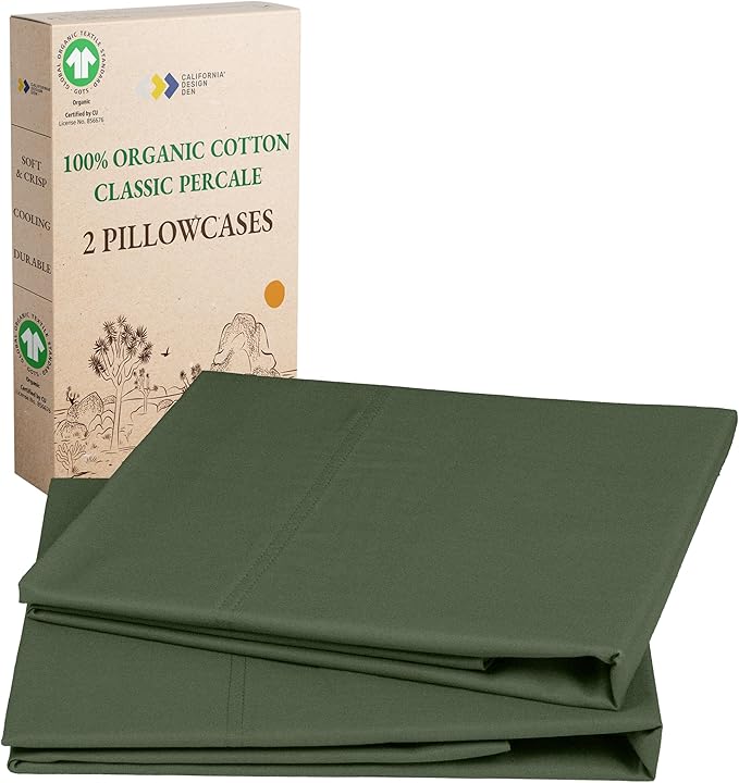 California Design Den 100% Organic Cotton Pillow Cases Queen/Standard Set of 2 - Soft & Crisp Percale, Fits Standard & Queen Pillows - Olive Green Pillowcases