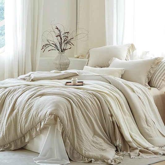 Beige Ruffle Comforter Set Twin, Pre-Washed Shabby Chic Bedding Set, Lightweight Cottagecore Soft Romantic Cozy 1 Comforter & 1 Sham, All-Season