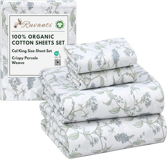 RUVANTI 100% Organic Cotton Sheets California King, Percale Weave, GOTS Certified, 4-Piece Set, Deep Pocket 13", Crisp & Breathable, Soft Durable Bedding, Sábanas Algodón Orgánico – Vine Yard