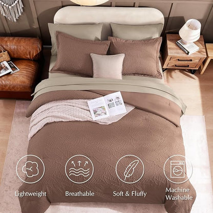 Geniospin Twin Comforter Set - 5 Pieces Brown Textured Bed in Bag, Twin Bedding Sets with Comforter, Sheets, Pillowcases & Shams, All Season Brown Bedding