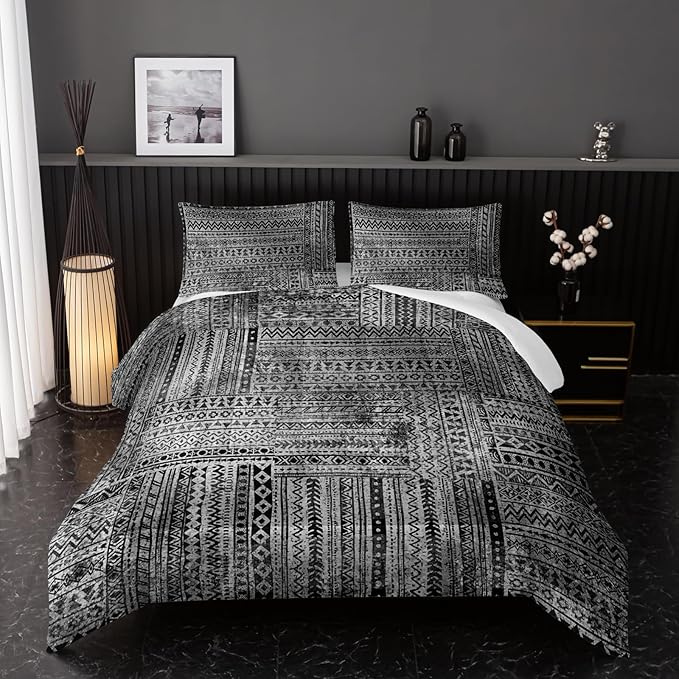 Grey Splicing Comforter Sets King Size, Bohemian Geometric Bedding Set for Your Room, Abstract Soft Lightweight Quilted Set All Season, 1 Comforter and 2 Pillowcases