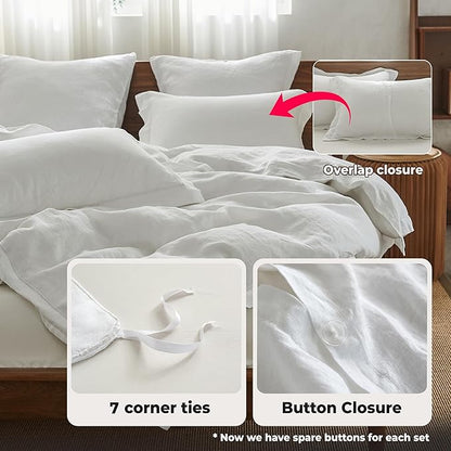 Simple&Opulence 100% Washed Linen Duvet Cover with Embroidered, 3 Pieces Soft Farmhouse Comforter Set with Button Closure,1 Duvet Cover and 2 Pillowshams(Full,White)