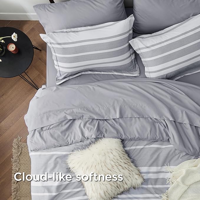 Bedsure Twin Comforter Set 5 Pieces, Grey Striped Bedding Set for All Seasons, Reversible, Cationic Dyeing Bed in a Bag with Comforter, Sheets, Pillowcase & Sham