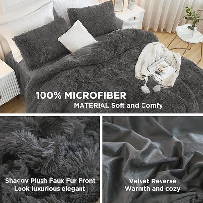 Andency Dark Grey Queen Comforter Set, 3 Pieces Fluffy Faux Fur Warm Soft Fuzzy Plush Gray Bedding Comforter Set, Thick Heavy Puffy Comfy Bedding Sets