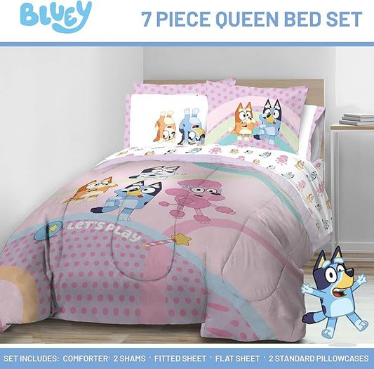 Jay Franco Kids Comforter Set Includes Sheets and Pillow Covers - Soft and Cozy Bed Set for Stylish Room Decor, Pink - Bluey 7 Piece Queen Size Bedding