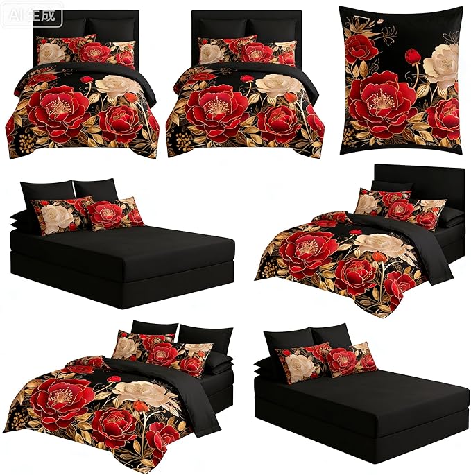 Queen Size Bed in A Bag 7 Piece Comforter Set Vintage Floral Bedding Set for Girls,1 Comforter 90"x90" + 2 Pillowcases + 1 Flat Sheet + 1 Fitted Sheet + 2 Pillowshams, Black Red