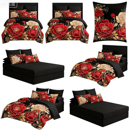 Queen Size Bed in A Bag 7 Piece Comforter Set Vintage Floral Bedding Set for Girls,1 Comforter 90"x90" + 2 Pillowcases + 1 Flat Sheet + 1 Fitted Sheet + 2 Pillowshams, Black Red
