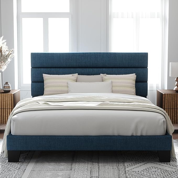 Allewie King Size Platform Bed Frame with Fabric Upholstered Headboard Blue | Wooden Slats Support, Fully Upholstered Mattress Foundation, No Box Spring Needed, Easy Assembly, Noise-Free, Blue