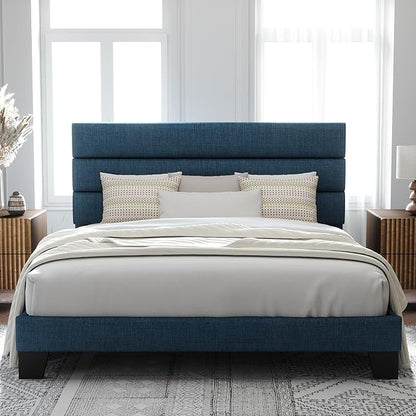 Allewie King Size Platform Bed Frame with Fabric Upholstered Headboard Blue | Wooden Slats Support, Fully Upholstered Mattress Foundation, No Box Spring Needed, Easy Assembly, Noise-Free, Blue