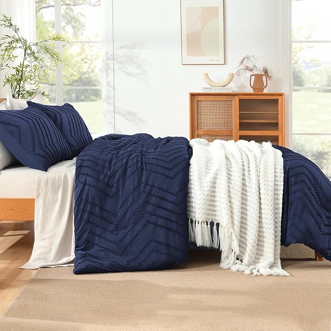Litanika Comforter Super King Size Set Indigo, 3 Pieces Chevron Tufted Solid Bedding Comforter Sets, Fluffy Bed Set