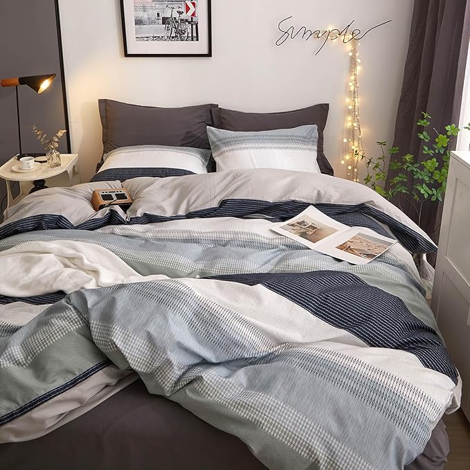 VM VOUGEMARKET Striped Comforter Set Queen Blue Gray Stripes Comforter with 2 Pillowcases Simple Modern Bedding Set Bed in a Bag All Season Queen Comforter Set for Teens Adults