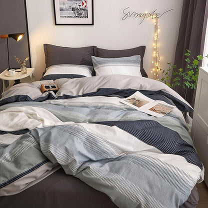 VM VOUGEMARKET Striped Comforter Set Queen Blue Gray Stripes Comforter with 2 Pillowcases Simple Modern Bedding Set Bed in a Bag All Season Queen Comforter Set for Teens Adults