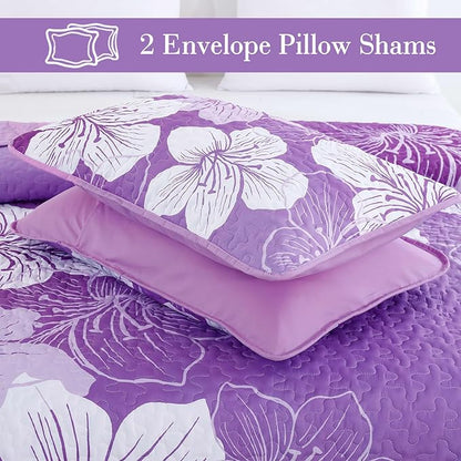 DJY Purple Floral Queen Quilt Set 3 Pieces Botanical Pattern Bedspread Summer Gradient Bedding Quilt Set with 2 Pillow Shams Soft Boho Microfiber Coverlet Set for All Season 90''x96''