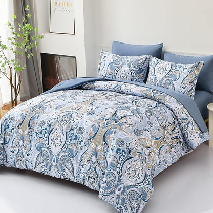 Drucon Blue Paisley Comforter Set King, 7 Pieces Bed in a Bag Boho Comforter Soft Microfiber Blue Paisley Bedding(1 Comforter, 1 Flat Sheet, 1 Fitted Sheet, 2 Pillow Shams, 2 Pillowcases)