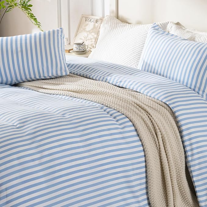 ROSE&RISY Blue King Duvet Cover Set, 3 Pieces Soft Bedding Set, Breathable and Cooling,Includes 1 Duvet Cover, 2 Pillow Cases (Blue Stripe, King)