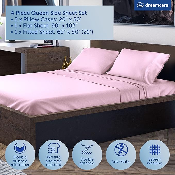 DREAMCARE King Size Sheets Set – 4 pcs Super Soft & Lightweight Cooling Sheets – up to 21” Deep Pocket King Sheet Set – Hotel Luxury Sheets & Pillowcases – 100% Fine Microfiber with Side Pocket, Pink