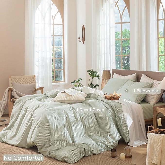 MooMee Striped Duvet Cover Set 100% Washed Cotton Linen Like Textured Breathable Durable Soft Comfy (Sage Green White Pinstripes, Twin 68"x90")