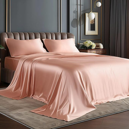 BEDELITE Satin Sheets Twin Size Bed Set, Luxury Soft Coral Pink Silky Sheets for Hair and Skin, Similar to Silk Bed Sheets Set 3 Pieces with 1 Deep Pocket Fitted Sheet, 1 Flat Sheet, and 1 Pillowcase