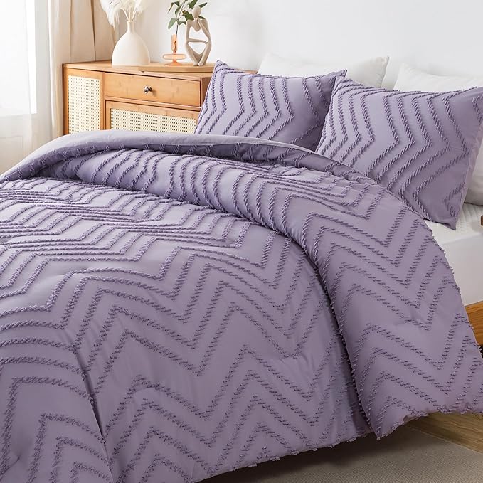 Andency Purple Comforter Set Full Size, Boho Girls Women Lavender Soft Fluffy Warm Lightweight Bedding Comforter Sets for Full Bed, 3 Pieces Chevron Tufted Aesthetic Microfiber Comforter Set