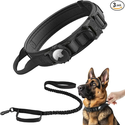 Tactical AirTag Dog Collar Leash Set - Heavy Duty, Adjustable GPS Collar | Compatible with Apple AirTag, with Holder & Control Handle for Medium/Large Dogs [ Black, M ]