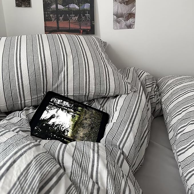 MKXI Twin Size Charcoal Grey & White Striped Duvet Cover Set - 3 Piece Modern Washed Cotton Bedding, Soft Breathable Comforter Cover with Zipper Closure & Corner Ties, Minimalist Geometric Design