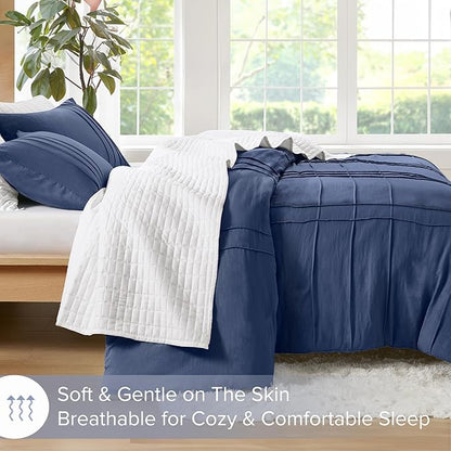 Comfort Spaces Navy Queen Size Comforter Set - 3 Pieces Pintuck Pleated Bedding Sets, All Season Lightweight, Extra Softness Pre-Washed Microfiber Queen Bed Set, Shams, Queen