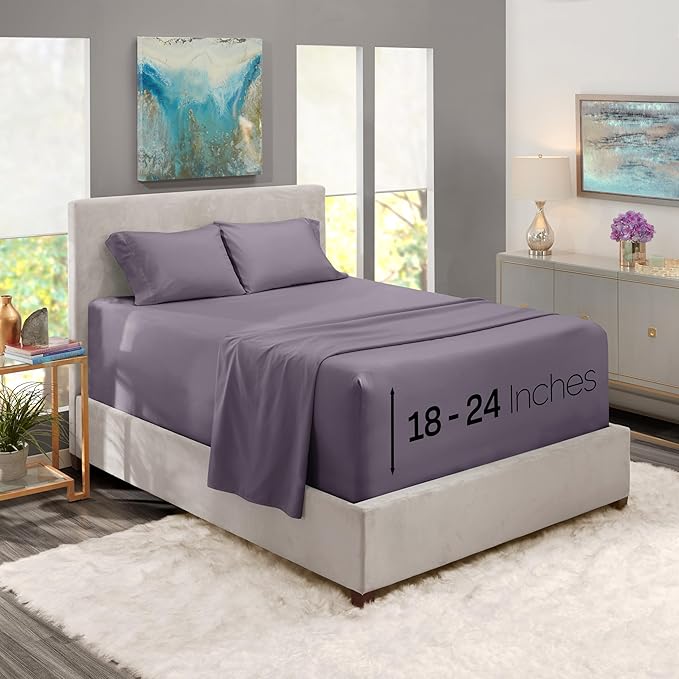 Nestl Queen Size Sheet Set, 4 Piece Extra Deep Pocket (18-24 inches), Microfiber, Cooling, Hotel Luxury, Soft, Breathable, Wrinkle-Free, Easy to Care, Grayish Purple