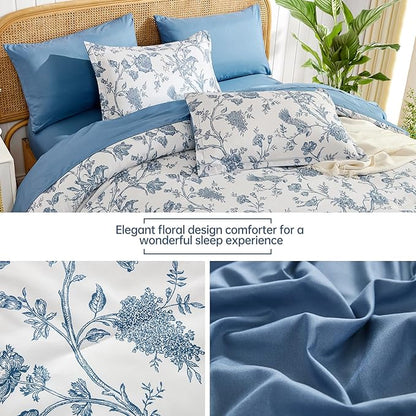 Luxudecor Floral Comforter Set King Size 7 Pieces, Blue Flower with Bird Bed in a Bag, Soft Reversible Comforter with Sheet Bed Set 104"x90"
