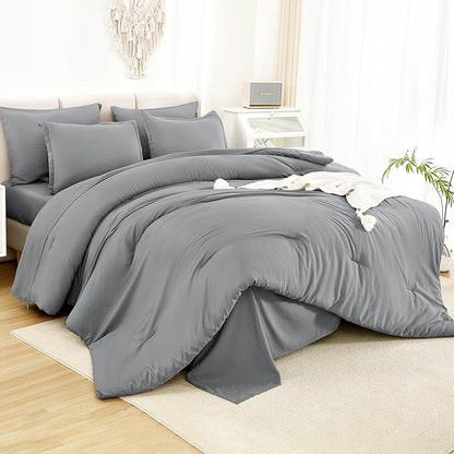 Litanika Full Size Comforter Sets Medium Gray - 7 Pieces Bed in a Bag Full Bedding Comforter Sets, Solid Lightweight Bed Set with Comforter, Sheets, Pillowcases & Shams