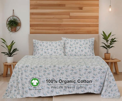 RUVANTI 100% Organic Cotton Sheets Full Size, Percale Weave, GOTS Certified, 4-Piece Set, Deep Pocket 15", Crisp & Breathable, Soft Durable Bedding, Sábanas Algodón Orgánico – Blue Rose