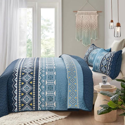 WONGS BEDDING Blue Quilt Set Queen,Boho 3 Pieces Bedspread Coverlet Set with Geometry Printed for All Season,Lightweight Morden Bohemian Bedding Set 96"×90"