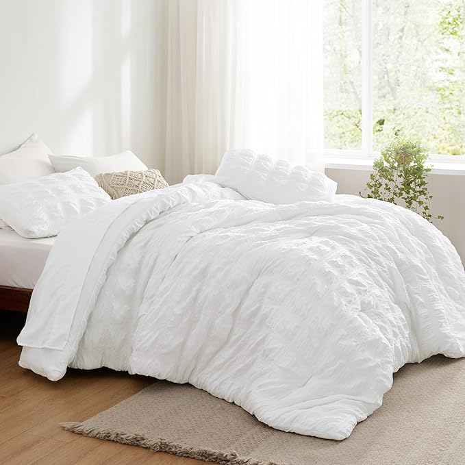 Bedsure Plaid Seersucker Comforter Sets Twin Size Bed 5 Piece, Soft Lightweight White Bedding All Season Twin Bed in a Bag Set with Comforters, Sheets, Pillowcases & Shams