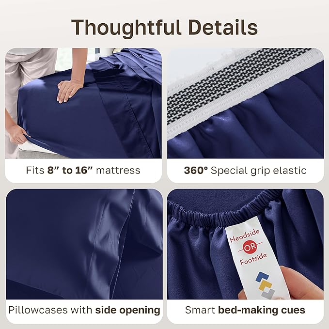 California Design Den King Sheets Deep Pocket Set - 1000 Thread Count Sateen, Thick and Natural 100% Cotton Bed Sheets for King Size Bed, Durable Bedding Set - Navy Blue