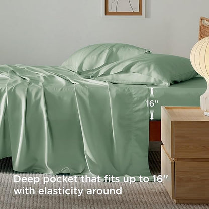 Bedsure King Size Sheets Set, Cooling Sheets for Hot Sleepers, Rayon Derived from Bamboo, PureWoven, Breathable & Soft, Deep Pocket Up to 16 Inches, Hotel Luxury Silky Bedding, Sage Green