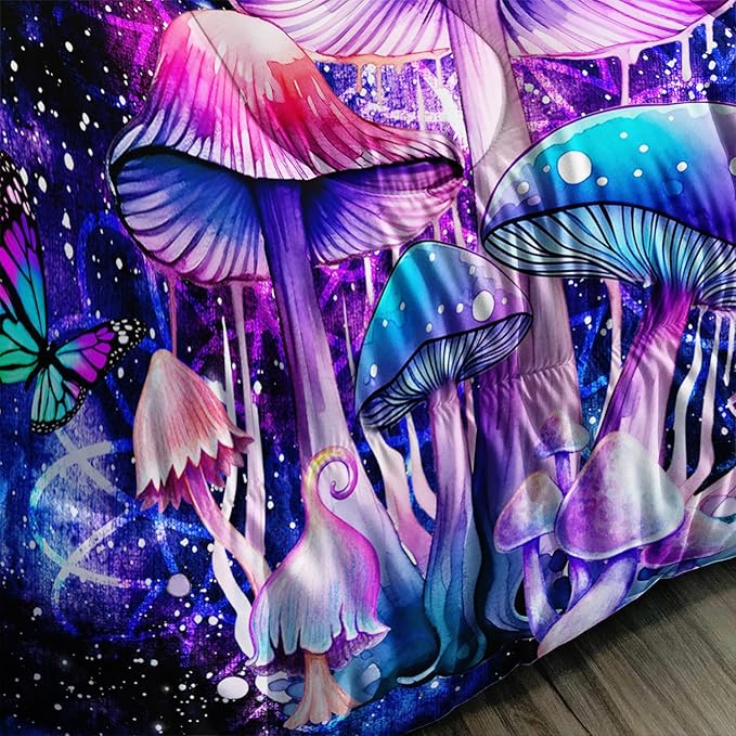 Fantasy Mushrooms Comforter Set Full,Galaxy Fantasy 3 Pieces Bedding Set for Teens Kids,Violet Down Alternative Bed Comforters Bedding Sets for All Season