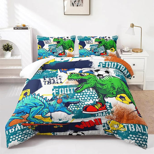 Kid's Dinosaur Comforter Set,Cartoon World Animal Bedding Set Full Size,All Season Ultra Cozy Comforter Set 3 Pieces with 2 Pillowcases for Adults,Teens,Boys,Girls