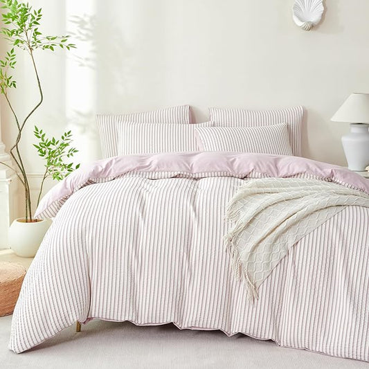 Light Purple Queen Size Comforter Set Striped Soft Luxury Washed Microfiber Jacquard 3 Pieces Bedding, Purple Vertical Ticking Stripes Comforter with 2 Pillowcases Breathable Durable Comfy