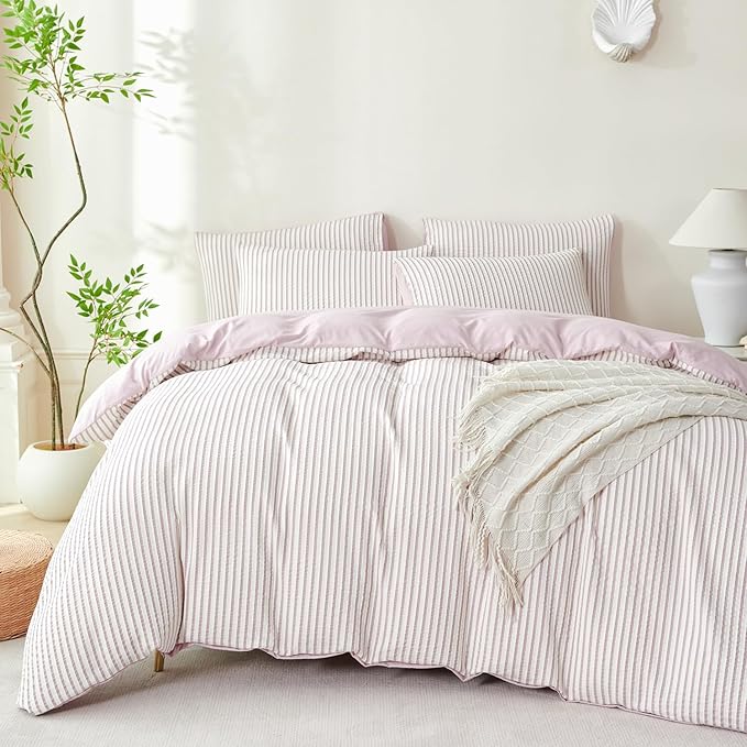 King Size Comforter Set Striped Light Purple Soft Luxury Washed Microfiber Jacquard 3 Pieces Bedding Purple Vertical Ticking Stripes Comforter with 2 Pillowcases Breathable Durable Comfy