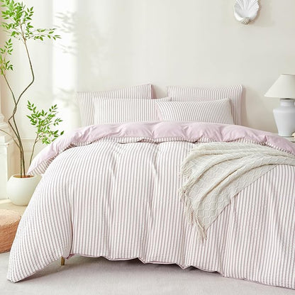 King Size Comforter Set Striped Light Purple Soft Luxury Washed Microfiber Jacquard 3 Pieces Bedding Purple Vertical Ticking Stripes Comforter with 2 Pillowcases Breathable Durable Comfy