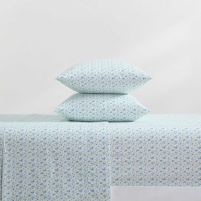 Laura Ashley - Twin Sheet Set, Crisp & Cool Cotton Percale Bedding with Deep Pockets, Lightweight for Year Round Comfort, Bed Sheets with Matching Pillowcase (Evie Blue)