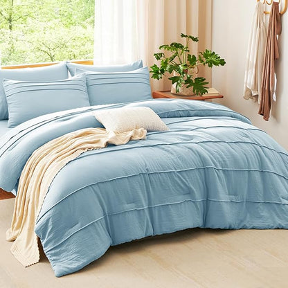 CozyLux Full Size Comforter Sets Light Blue, 7 Pieces Soft Pinch Pleat Bed in a Bag Full Comforter Set with Sheets, Boho Bed Set with Down Alternative Comforter, Sheets, Pillowcases & Shams