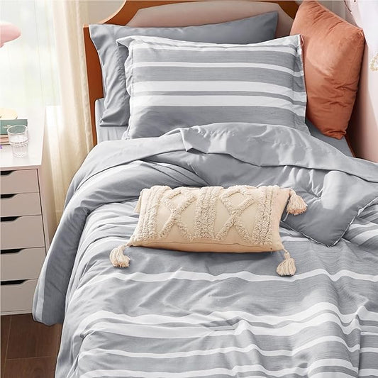 Bedsure Twin Comforter Set 5 Pieces, Grey Striped Bedding Set for All Seasons, Reversible, Cationic Dyeing Bed in a Bag with Comforter, Sheets, Pillowcase & Sham