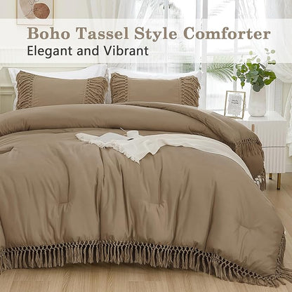 Andency Taupe Comforter Set King, 3 Pieces Boho Tassel Lightweight Soft Bedding Comforter Sets for King Bed, All Season Fluffy Fringe Bed Set (104x90In Comforter & 2 Pillowcases)