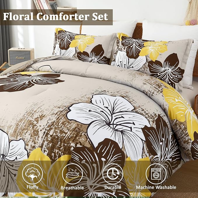 Menghomeus Brown Floral Comforter Set Queen Ombre Brown Bedding Lightweight Microfiber Bed Comforter for All Season, 3 Piece Flowers Comforter with 2 Pillowcases