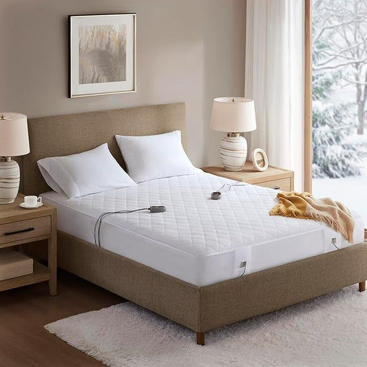 Beautyrest Cotton Blend Heated Mattress Pad Secure Comfort Technology - Luxury Quilted Electric Mattress Pad with Deep Pocket - 5-Setting Heat Controllers, Queen, White