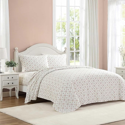 Laura Ashley - Sheets, Cotton Percale Bedding with Matching Pillowcases, Crisp & Breathable, Deep Pocket, Fully Elasticized (Leanna Rose Pink, Queen)