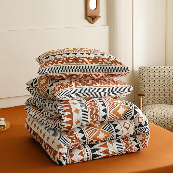 KAREVER Boho Comforter Cal King Aztec Bedding Set Southwest Theme 3 PCs Bohemian Comforter Set Pumpkin White California King Size Comforter (104x96 Inches) with 2 Pillowcases (26x36 inches)