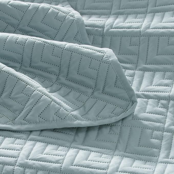 EXQ Home Quilt Set Full/Queen Size Coral Blue 3 Piece,Lightweight Soft Coverlet Modern Style Squares Pattern Bedspread Set for All Season(1 Quilt,2 Pillow Shams)