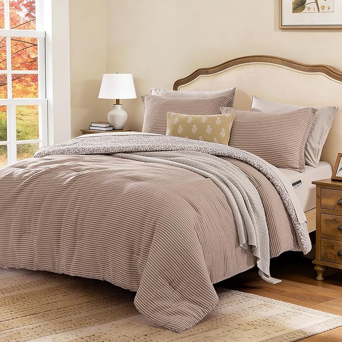 Full Comforter Set - 7 Pieces Dark Brown Gauze Muslin Bedding Sets for All Seasons, Lightweight Breathable Bed in a Bag Full with Revesible Farmhouse Comforter, Sheets, Pillowcases & Shams