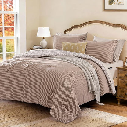 Full Comforter Set - 7 Pieces Dark Brown Gauze Muslin Bedding Sets for All Seasons, Lightweight Breathable Bed in a Bag Full with Revesible Farmhouse Comforter, Sheets, Pillowcases & Shams